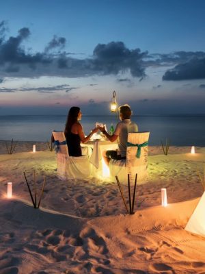 Honeymoon couple is having a private, romantic dinner at a tropical beach